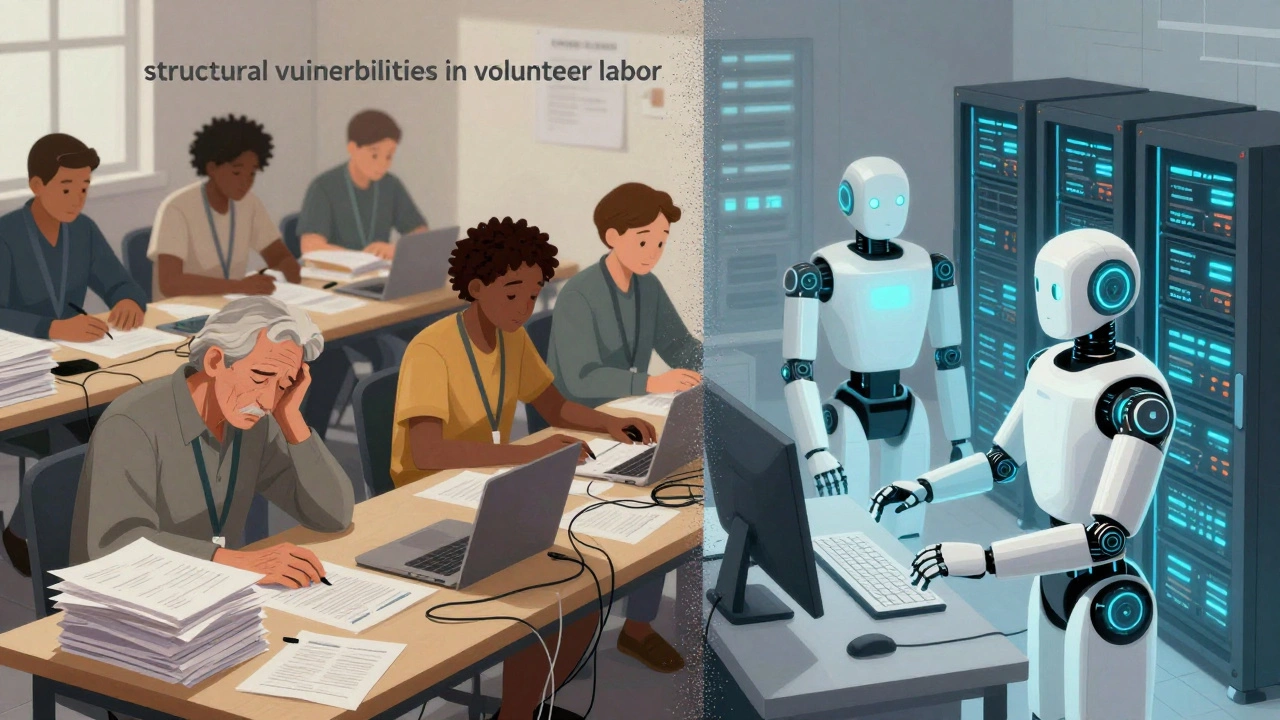 Exhausted human volunteers contrasted with sleek AI servers in a split composition