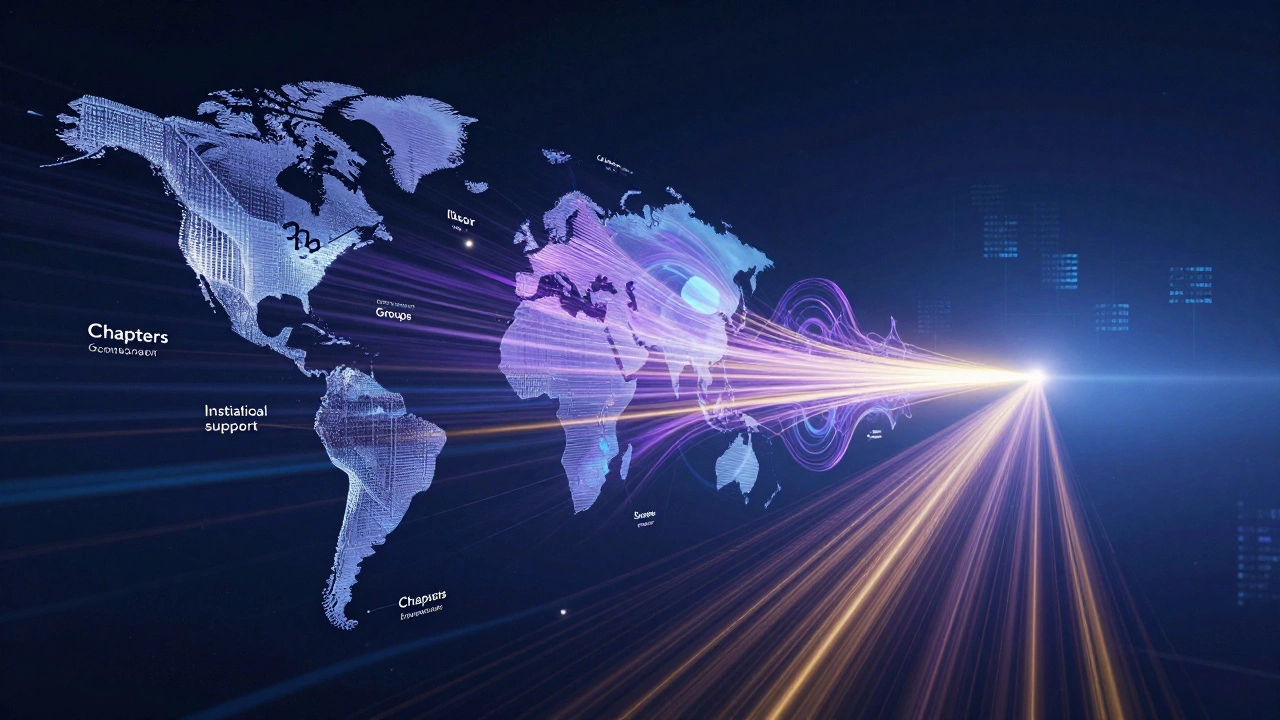 Futuristic concept art illustrating global collaboration and support for free knowledge projects.