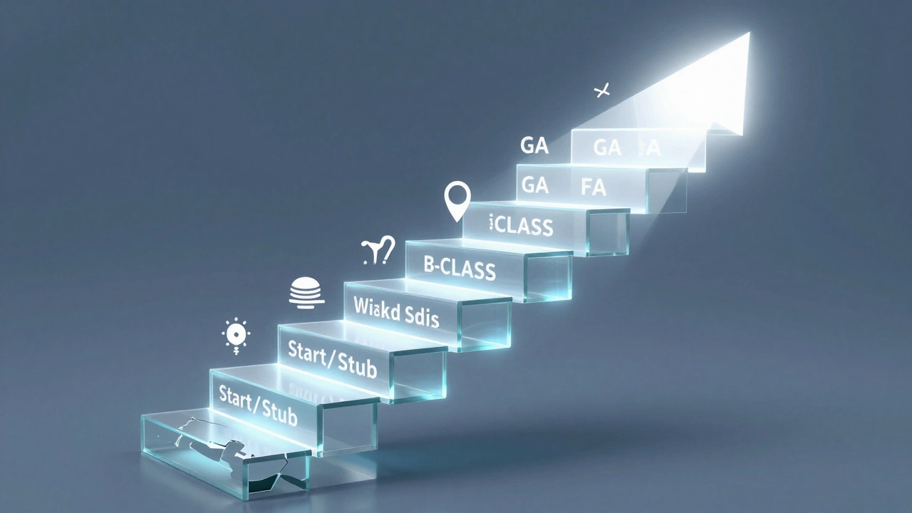 Glass staircase illustrating Wikipedia quality levels