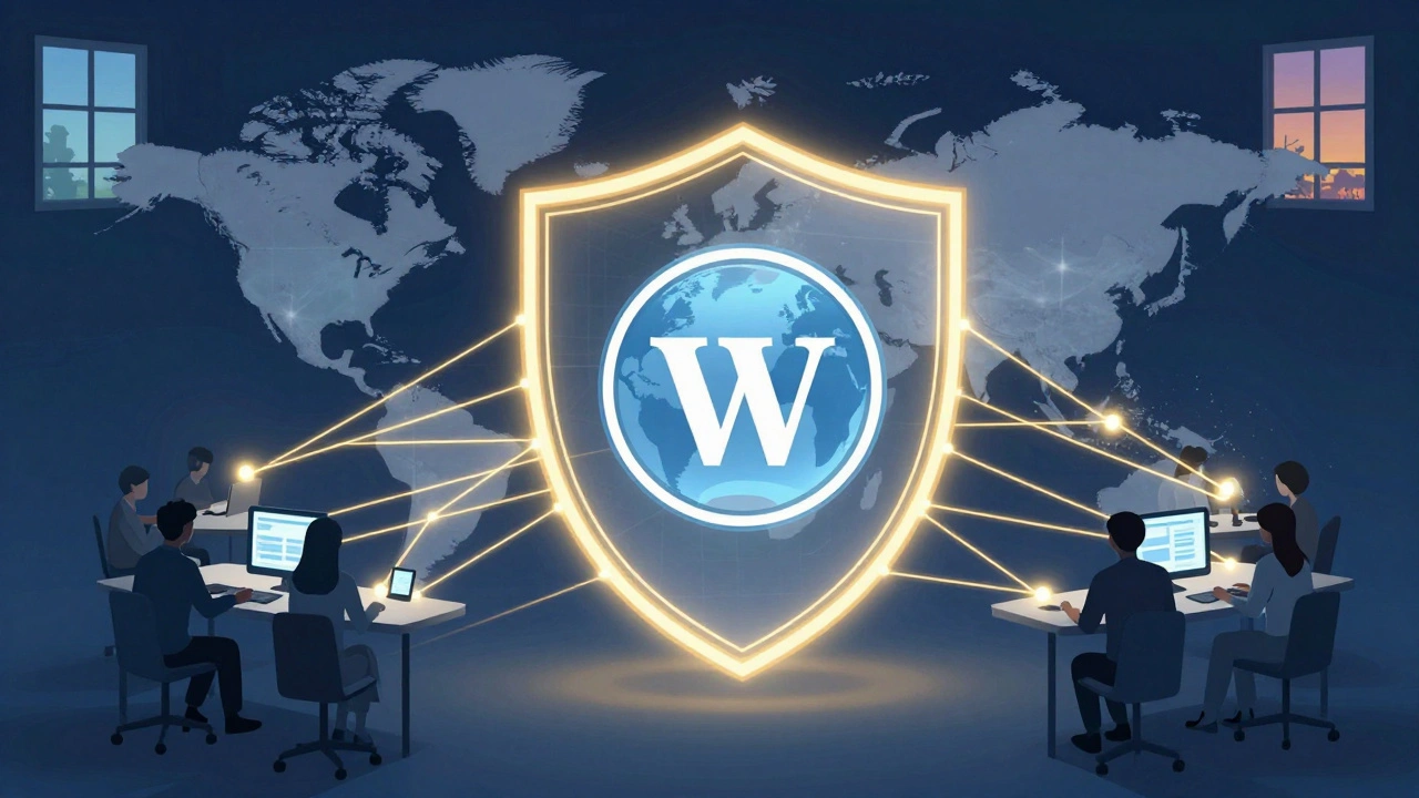 Global network of volunteer editors connected by light, protecting a central globe