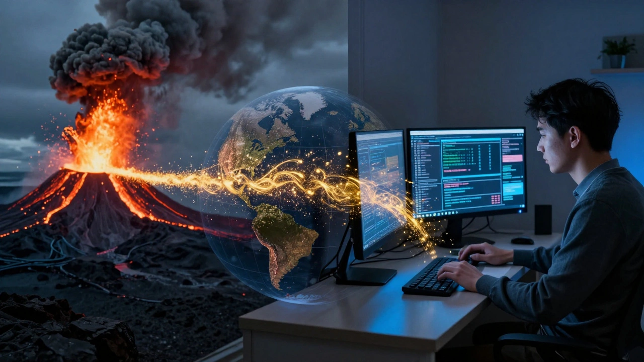 Global news workflow connecting Icelandic eruption to Japanese editor