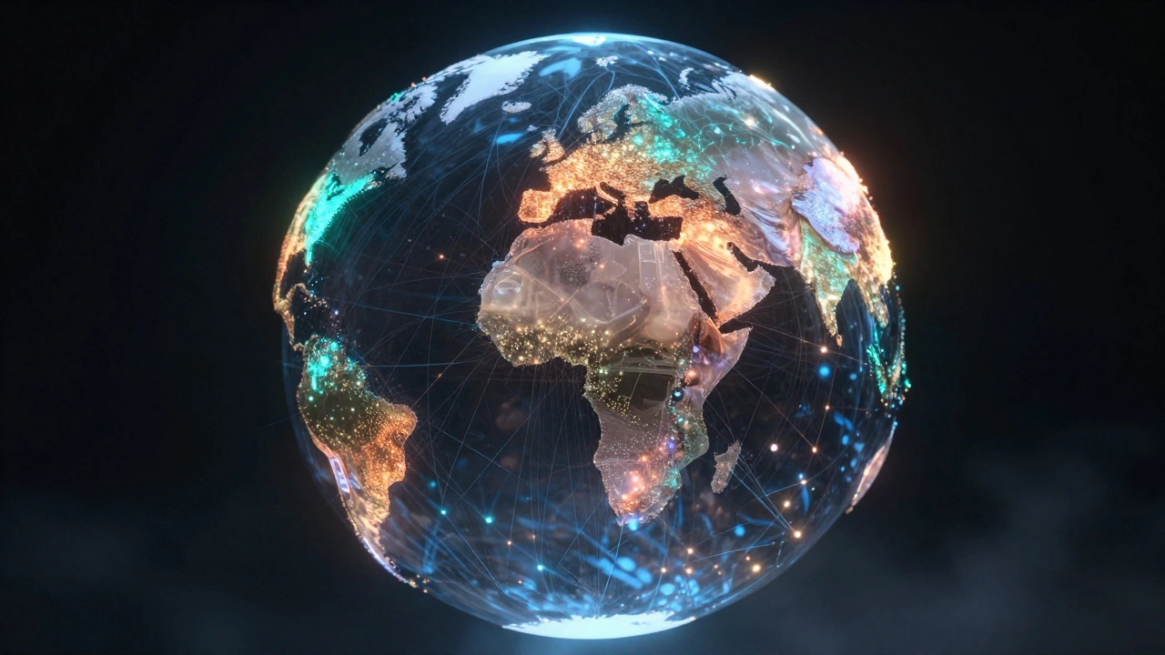 Globe illuminated by data streams from emerging internet markets.