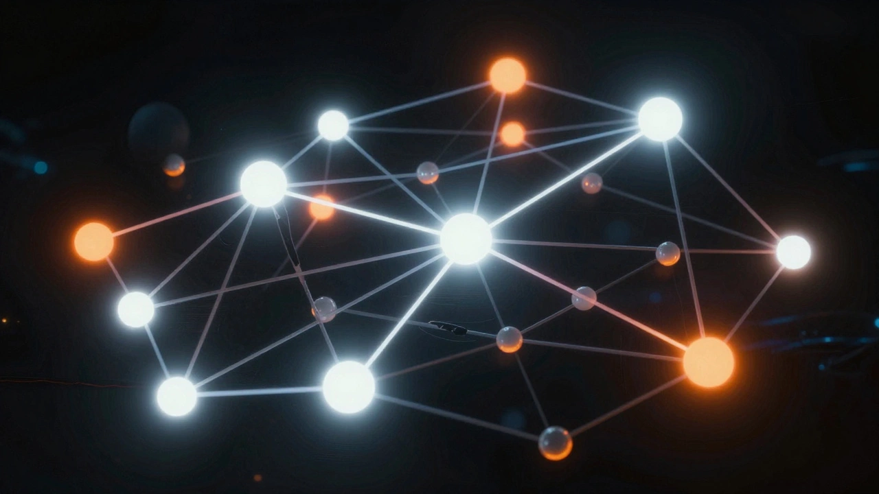 Glowing network diagram connecting open access and paywalled research sources