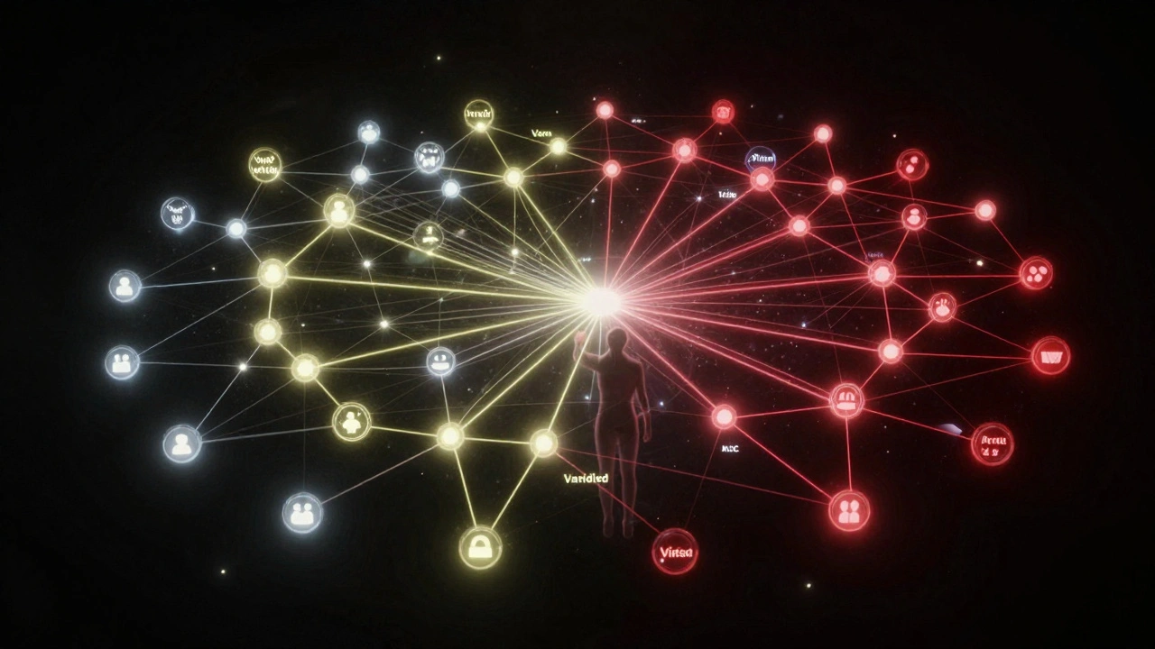 Glowing network nodes connected by light beams represent decentralized verified knowledge system.