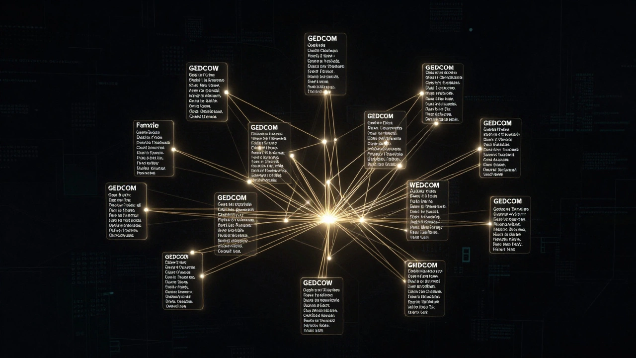 Glowing network nodes representing structured genealogical data