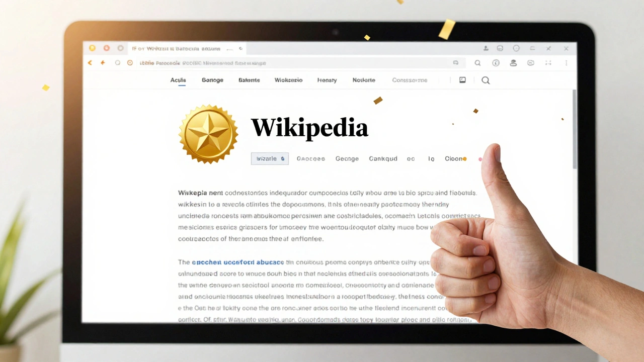 Golden star badge appearing on a Wikipedia article screen amidst falling citation confetti.