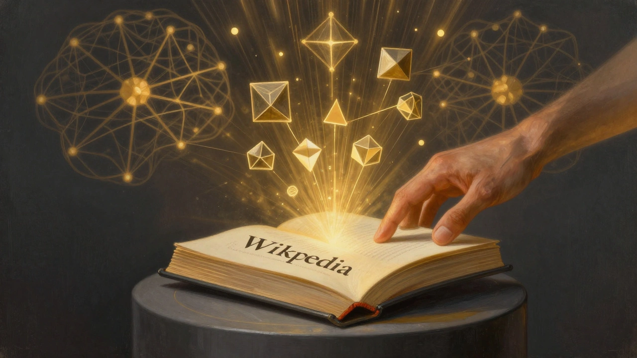 Hand placing a book on a pedestal, radiating light into a neural network, symbolizing open knowledge.