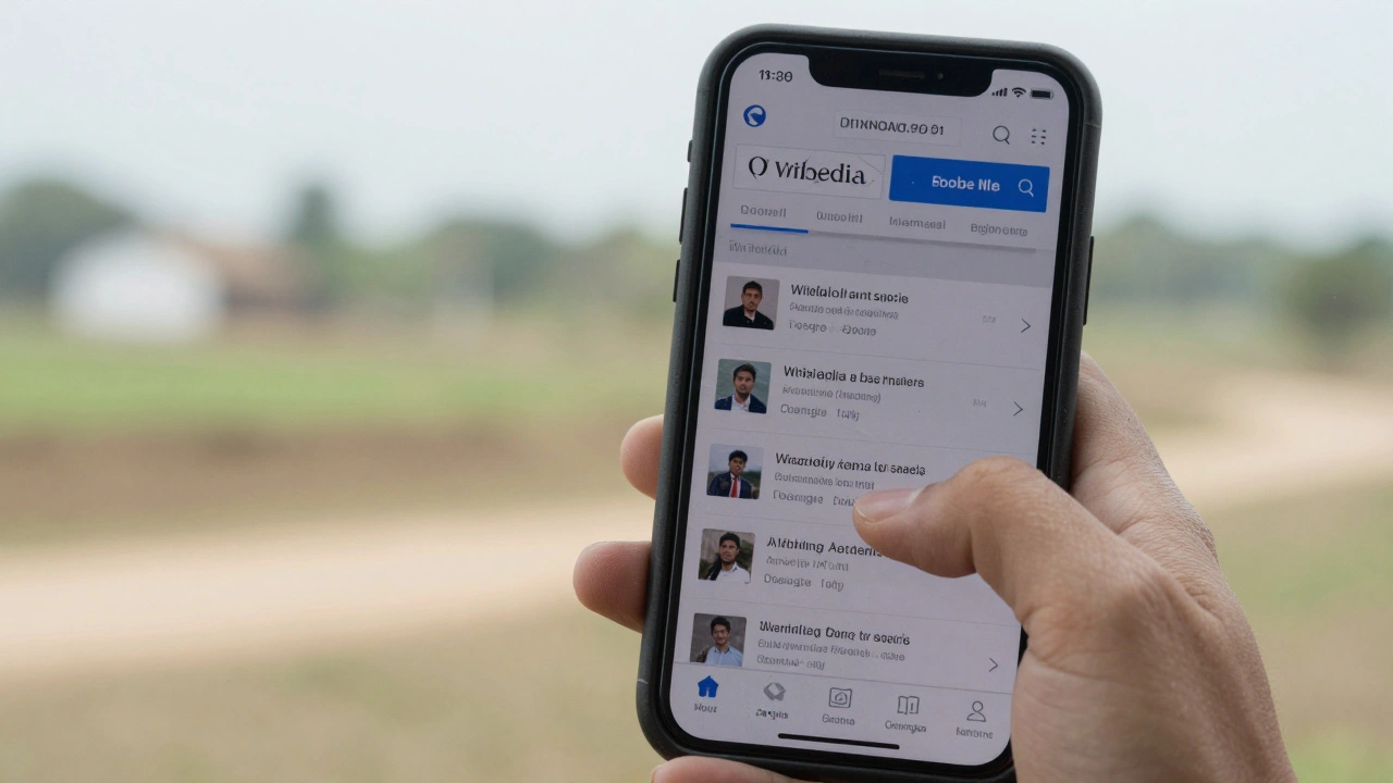 Hand using smartphone for Wikipedia editing in rural setting
