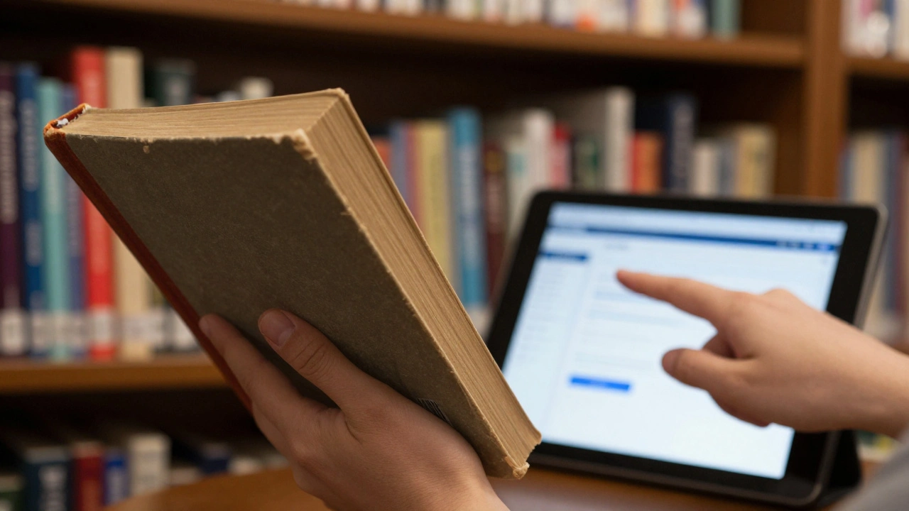 Hands bridging a physical book and a digital tablet screen