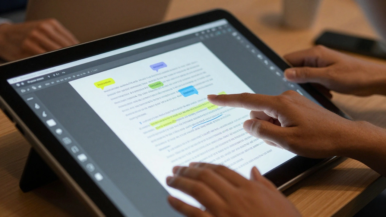 Hands collaborating on a digital tablet interface with highlighted text and comments.