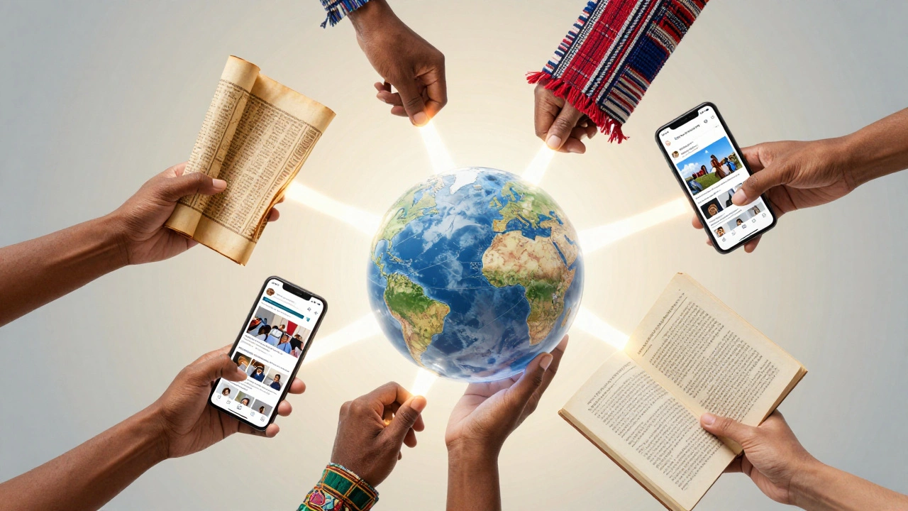 Hands holding scrolls, phones, and textiles building a global knowledge sphere