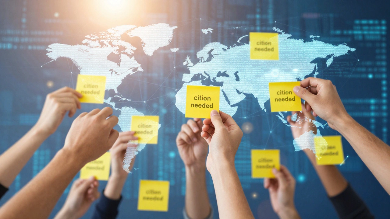 Hands placing yellow markers on floating text blocks to represent collaborative editing.