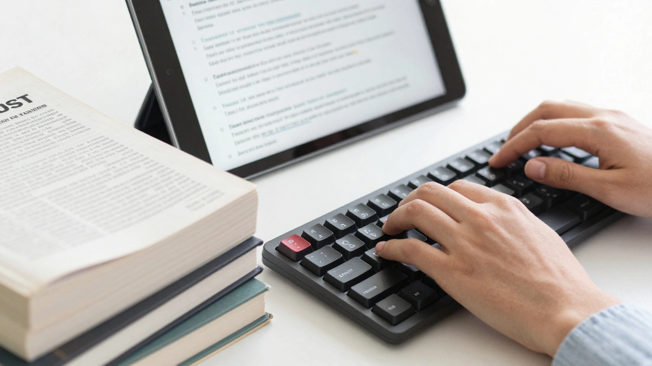 Hands researching with books and digital archives to verify Wikipedia article claims