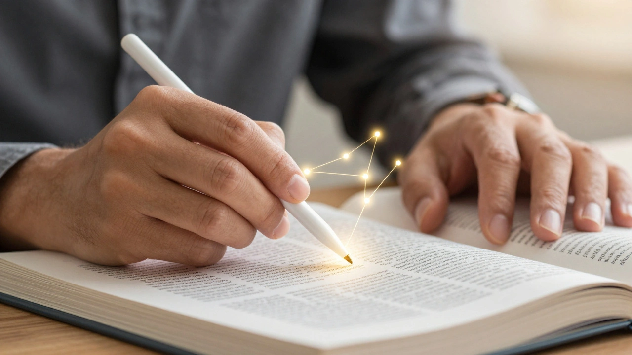 Hands selecting glowing links from encyclopedia page next to journals