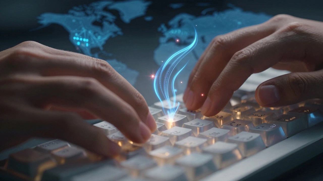 Hands typing on crystal keys with floating language symbols and data streams