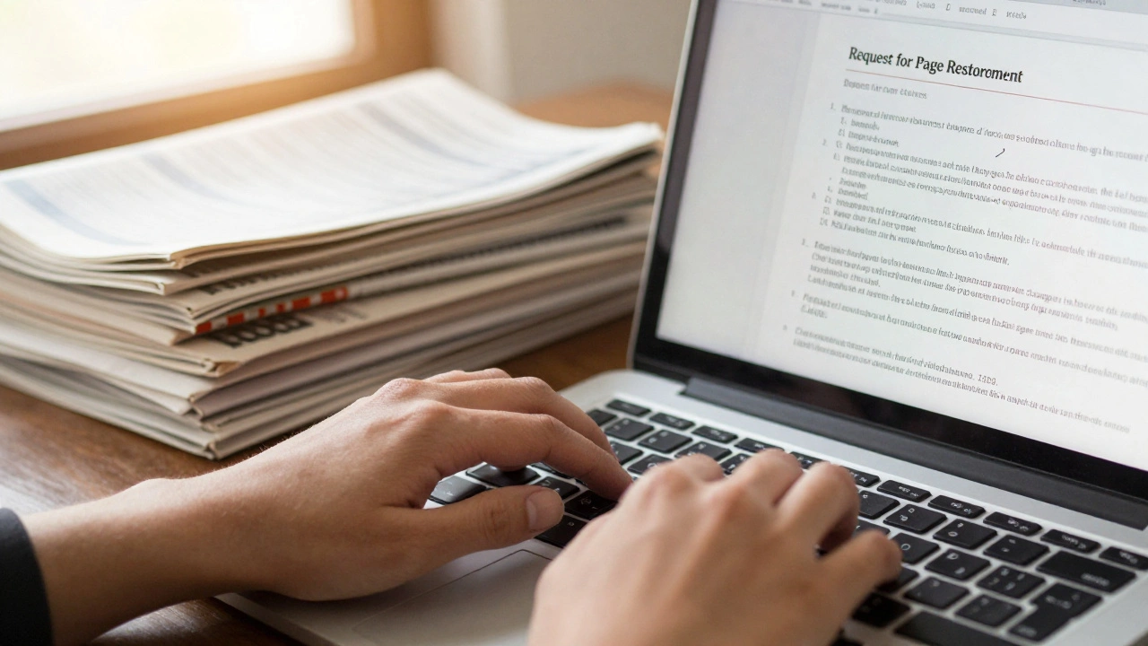 Hands typing on keyboard next to stacks of books and newspapers for citation