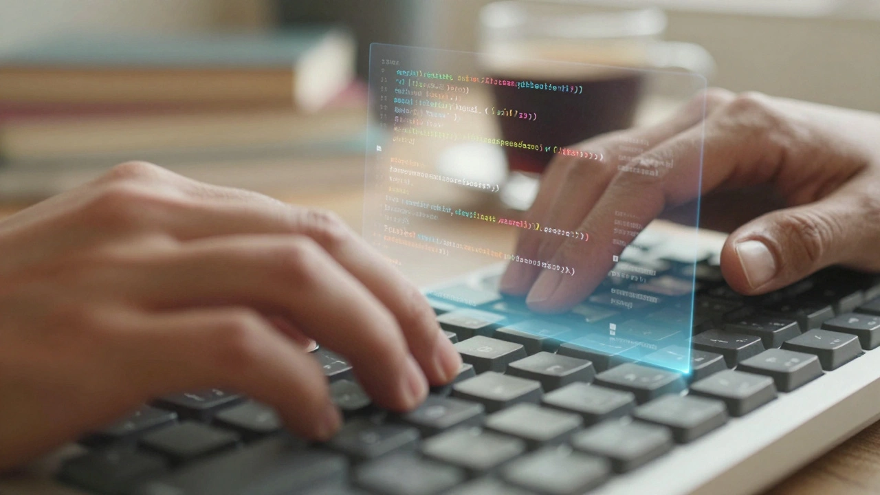 Hands typing with holographic citations representing online editing