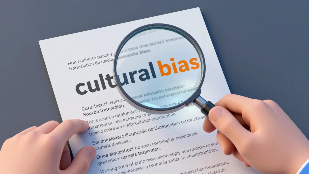 Hands using a magnifying glass over text that morphs into cultural symbols, showing bias.