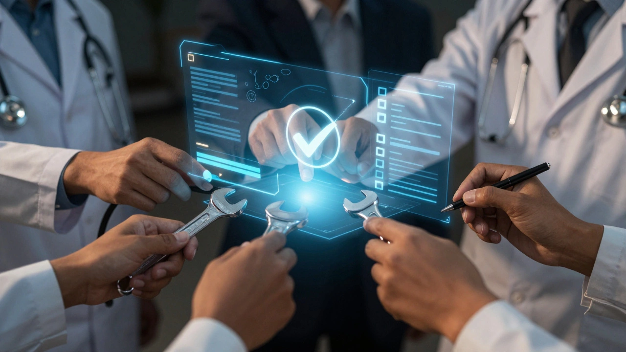 Hands with tools interacting with holographic data for peer review