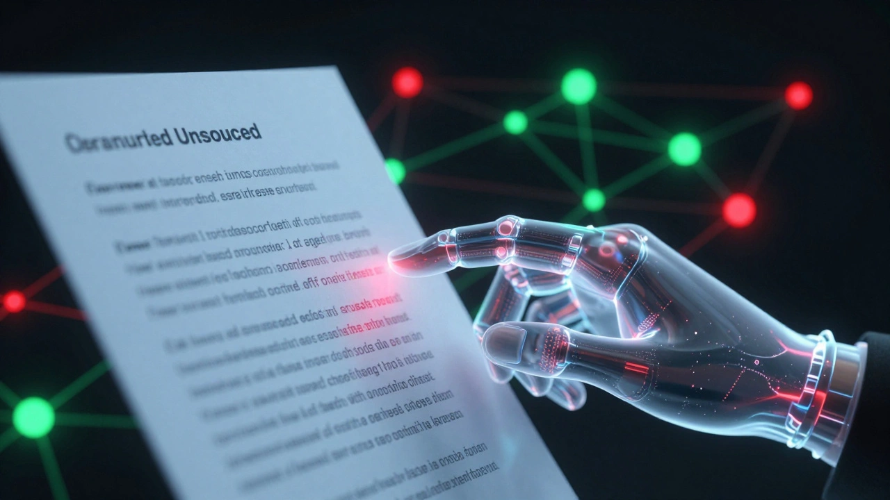 Holographic AI hand scanning documents for unsourced claims in a futuristic setting.