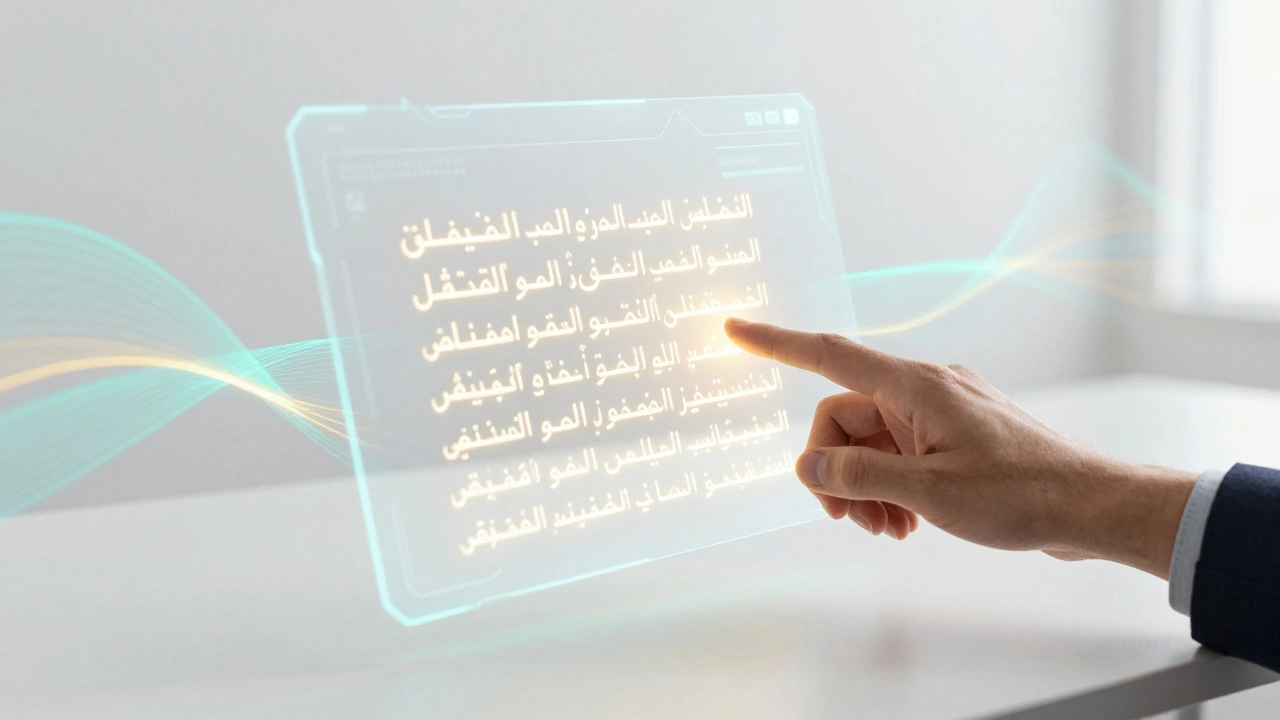 Holographic AI interface assisting a human editor with Arabic text
