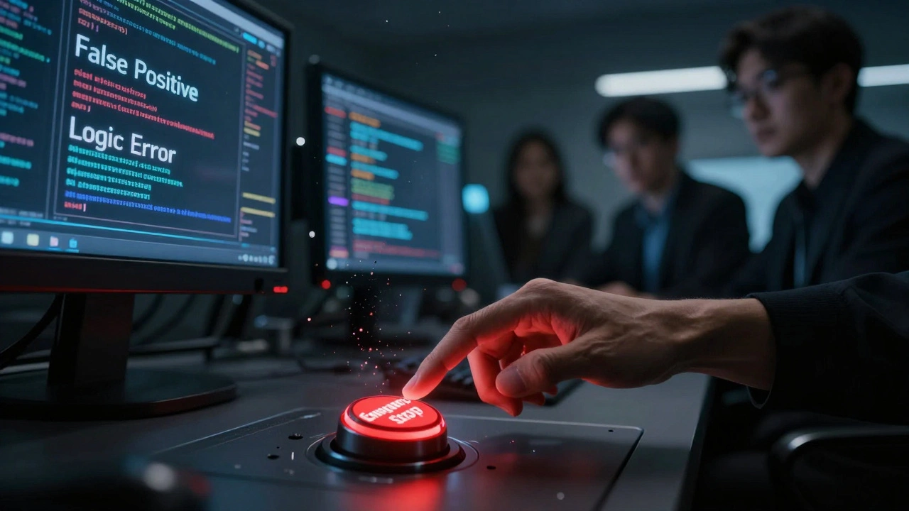 Human hand stopping an errant bot amidst digital chaos and errors