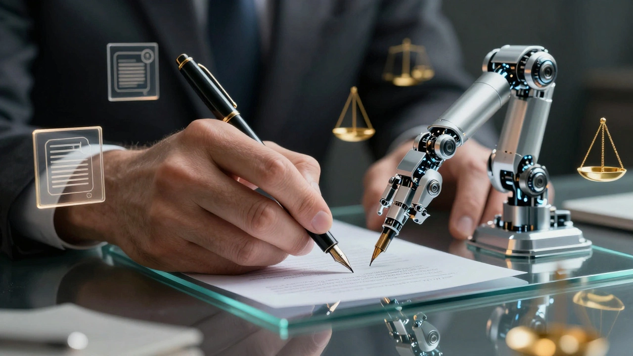 Human hand writing on glass with an AI robot reflected, symbolizing copyright rules