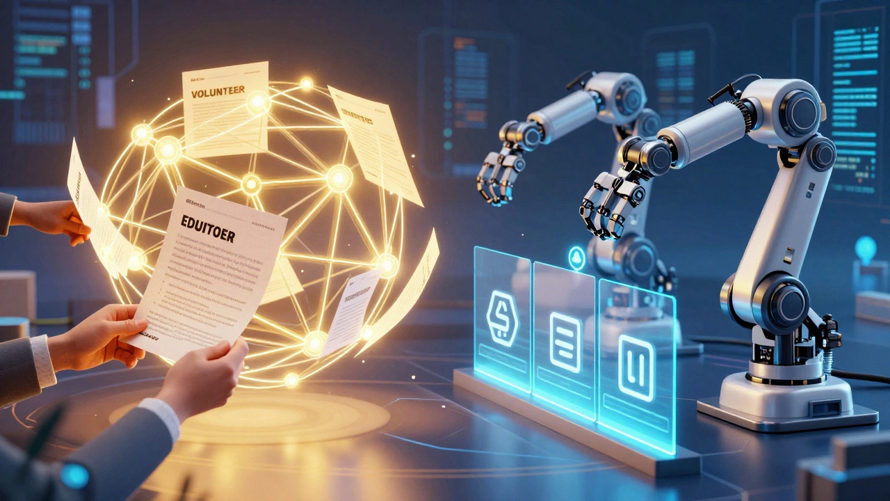 Human hands sharing knowledge while blocking robotic AI scraping arms.