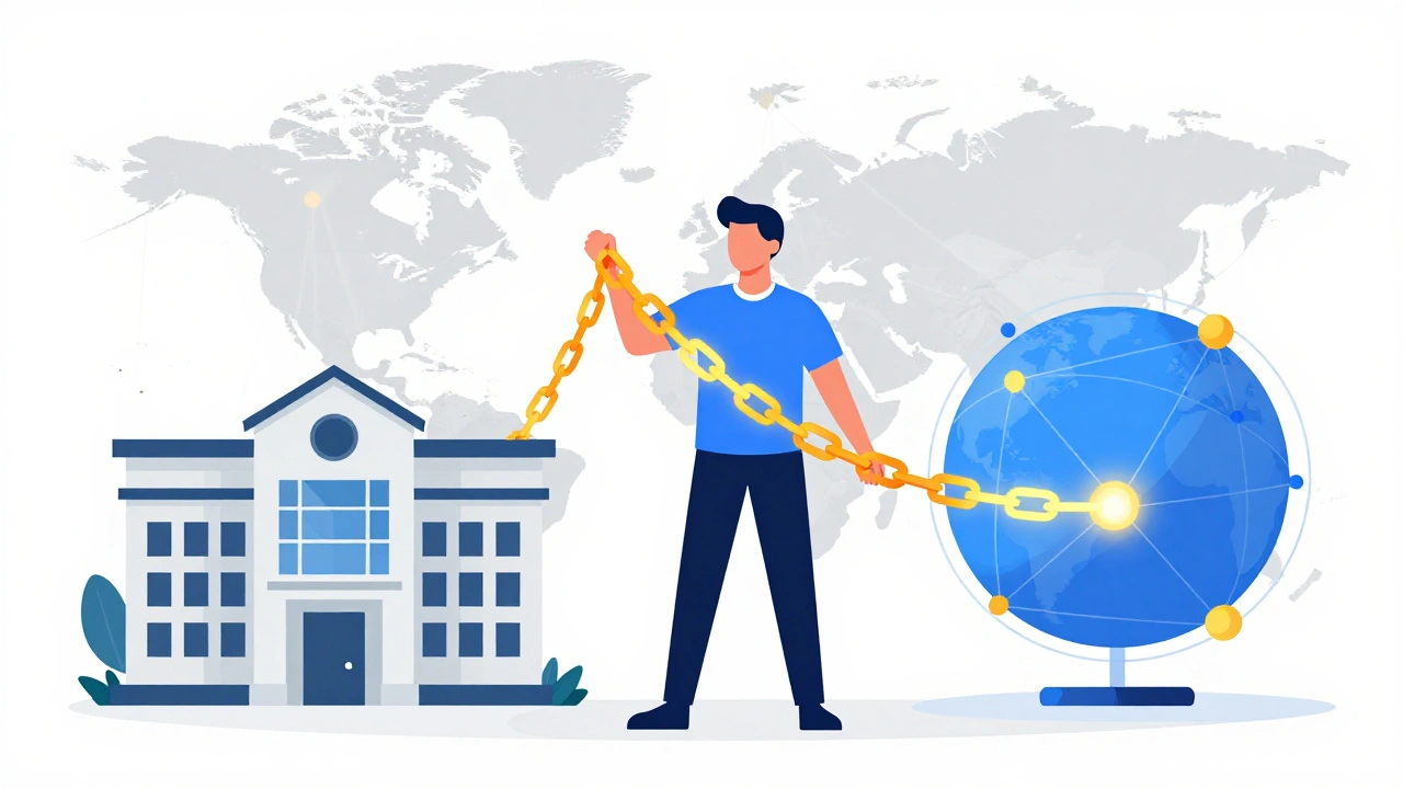 Illustration connecting a library to a global digital network