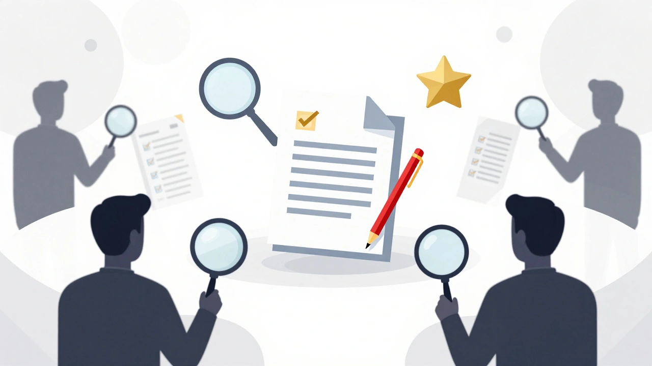 Illustration of a document being scrutinized by magnifying glasses and review tools.