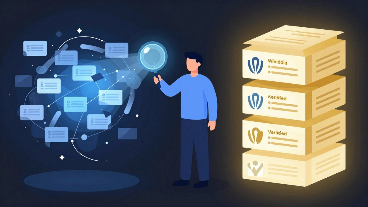 Illustration of a librarian verifying information amidst data streams