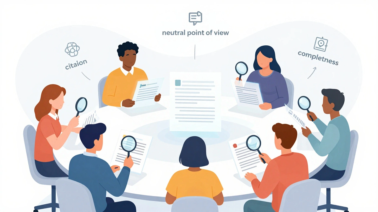 Illustration of volunteers reviewing encyclopedia articles for accuracy