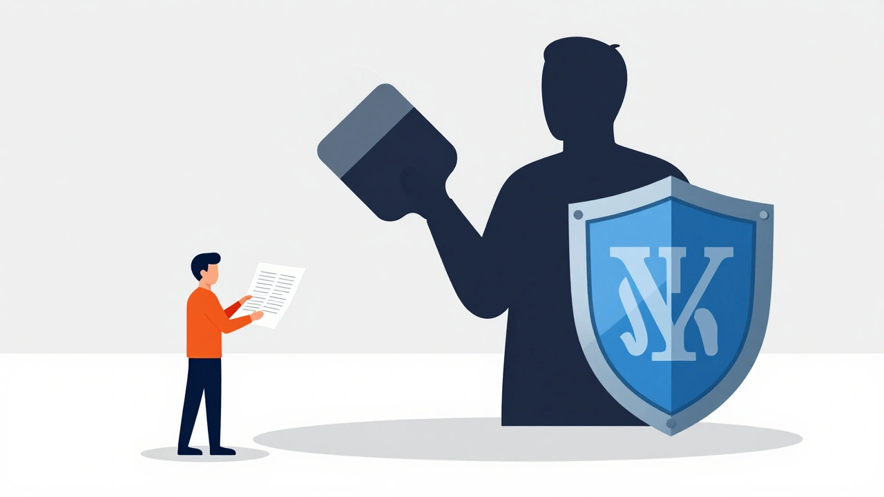 Illustration showing power imbalance between small editor and large admin figure