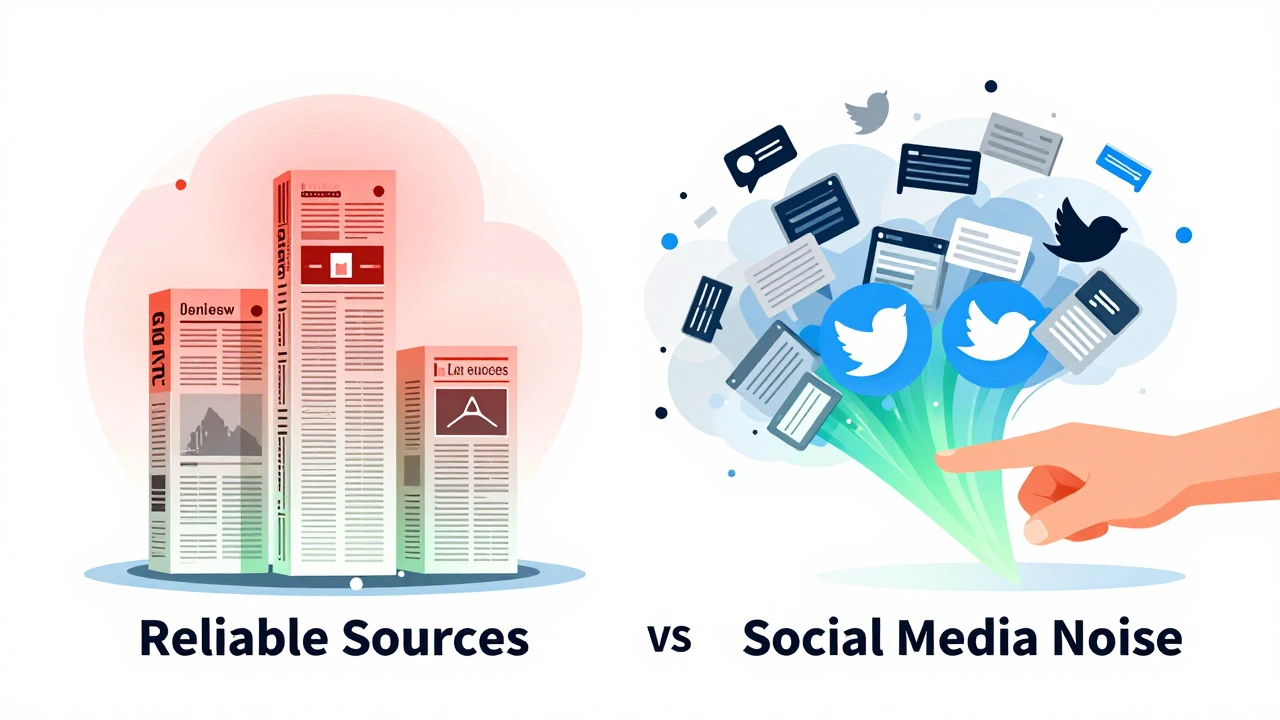 Illustration showing reliable news sources standing firm against social media noise.