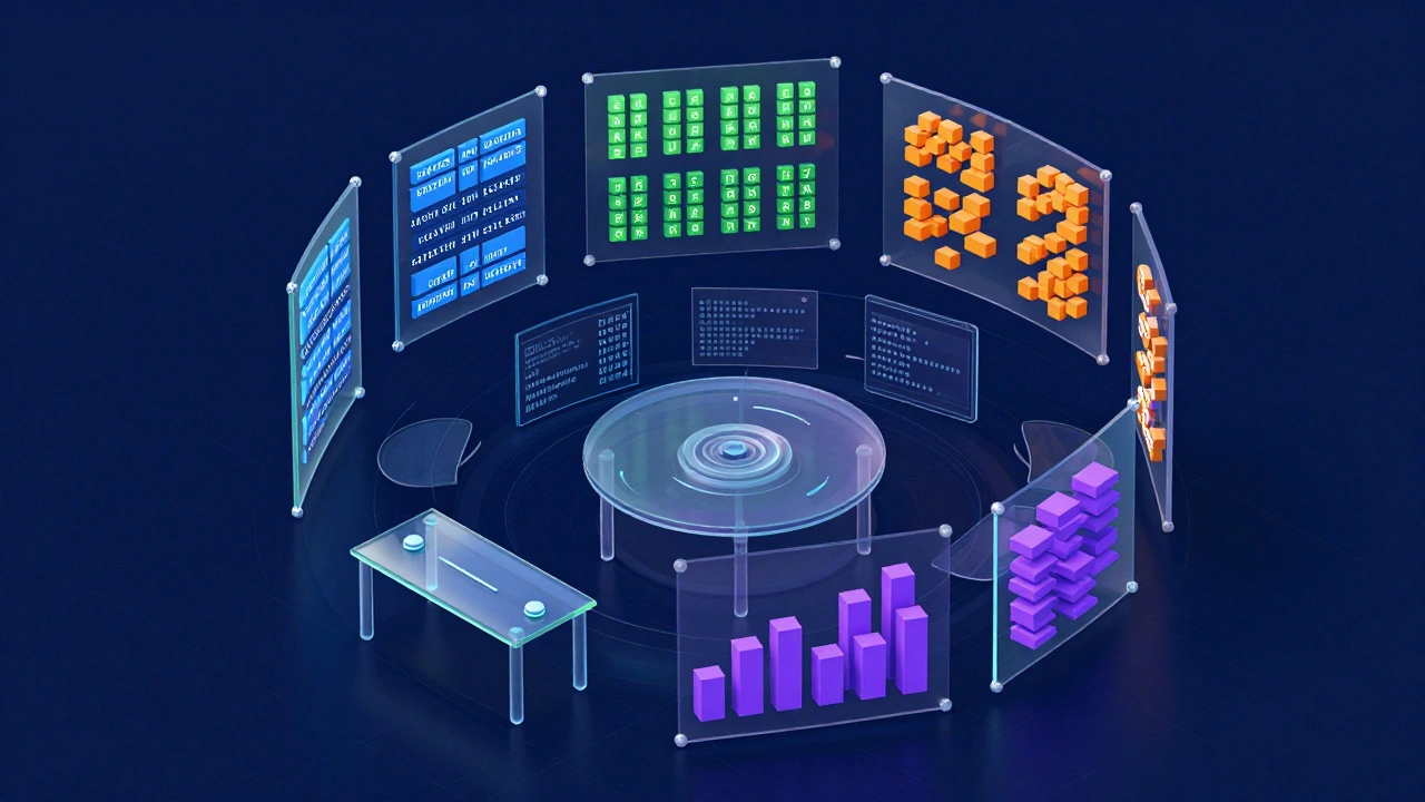 Isometric 3D visualization of structured data panels arranged in a logical spiral pattern.