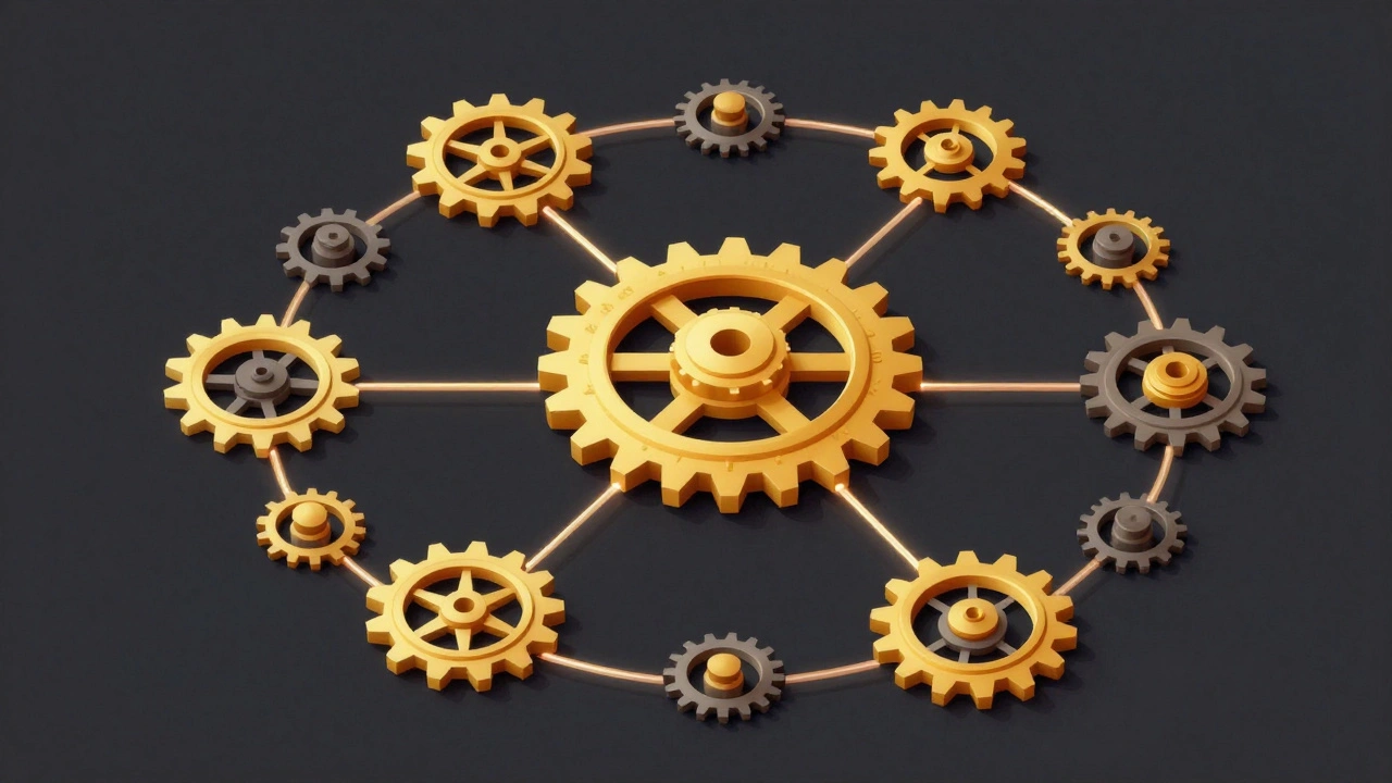 Isometric diagram of interconnected gears representing a hub-and-spoke network