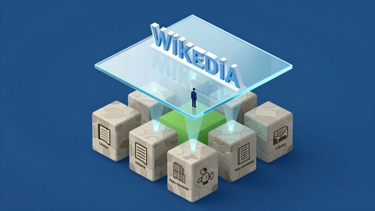 Isometric diagram of Wikipedia floating above scholarly source blocks