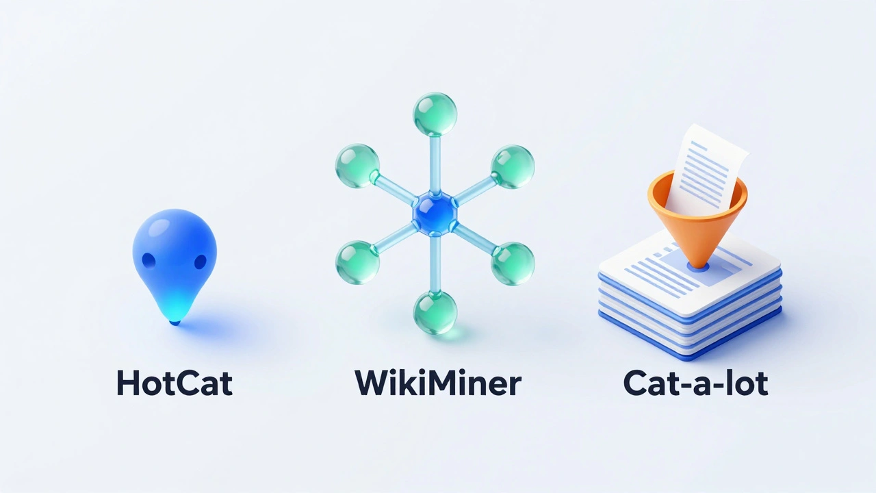 Isometric graphic comparing three different wiki categorization tools
