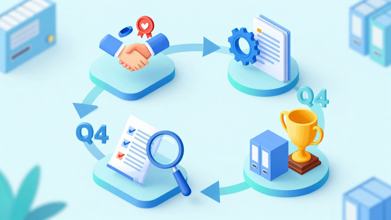 Isometric graphic of four quarterly project phases in a circular workflow