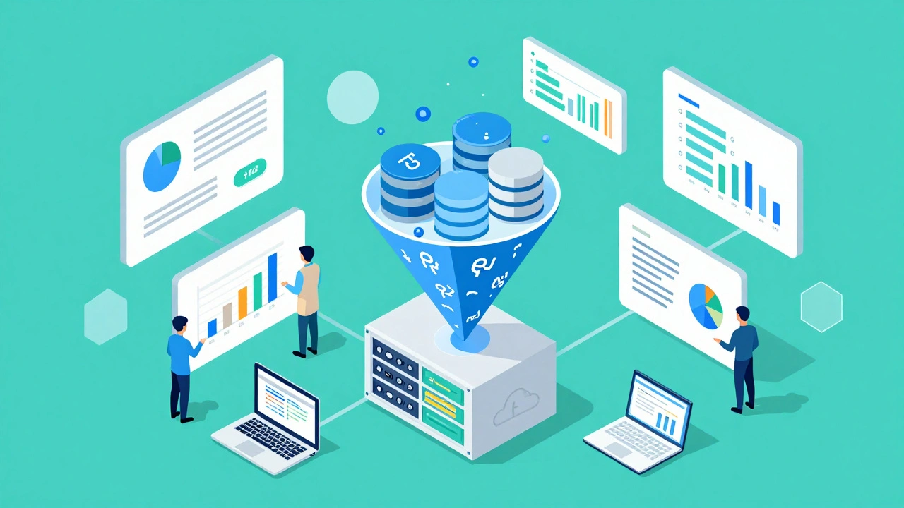 Isometric illustration of data processing tools and research outcomes
