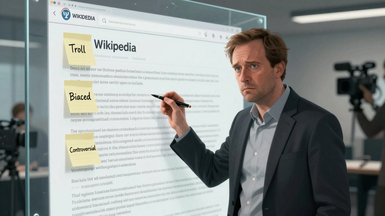 Jimmy Wales facing a glass wall with controversial labels on his bio.