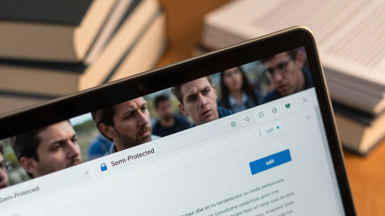 Laptop screen showing a locked Wikipedia page with reflections of researchers.