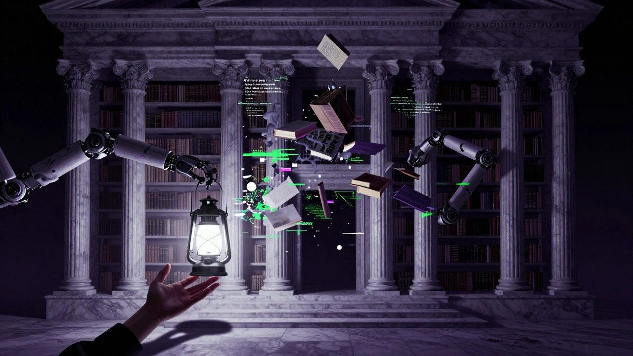 Library crumbling into glitches as human holds lantern of truth
