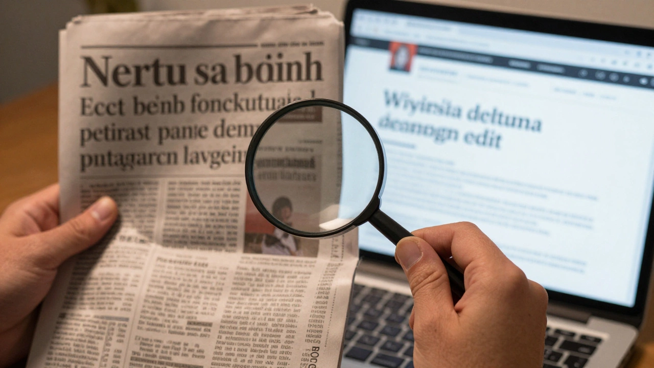Magnifying glass checking non-English newspaper for facts