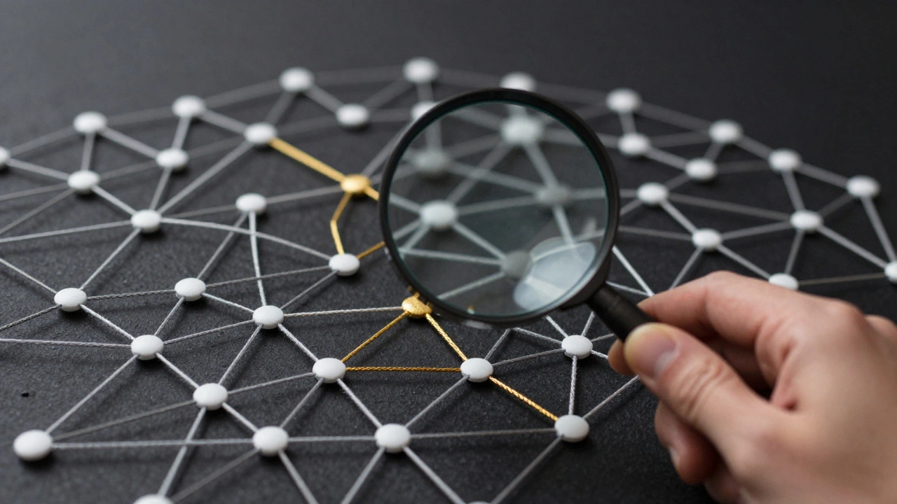 Magnifying glass inspecting a complex network of categorized data nodes