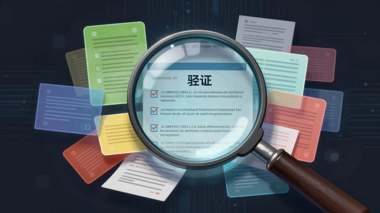 Magnifying glass revealing verified facts within a stream of digital data