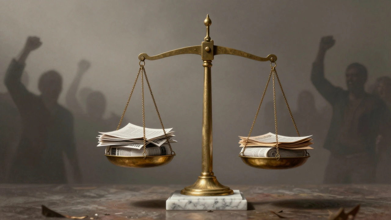 Marble scales of justice balancing diverse news sources in a neutral void