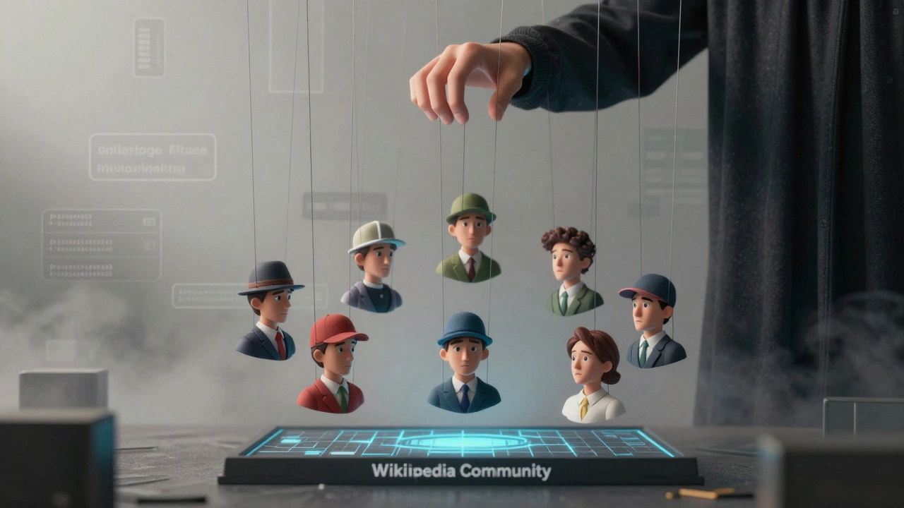 Metaphorical image of one person controlling multiple fake user accounts via strings.