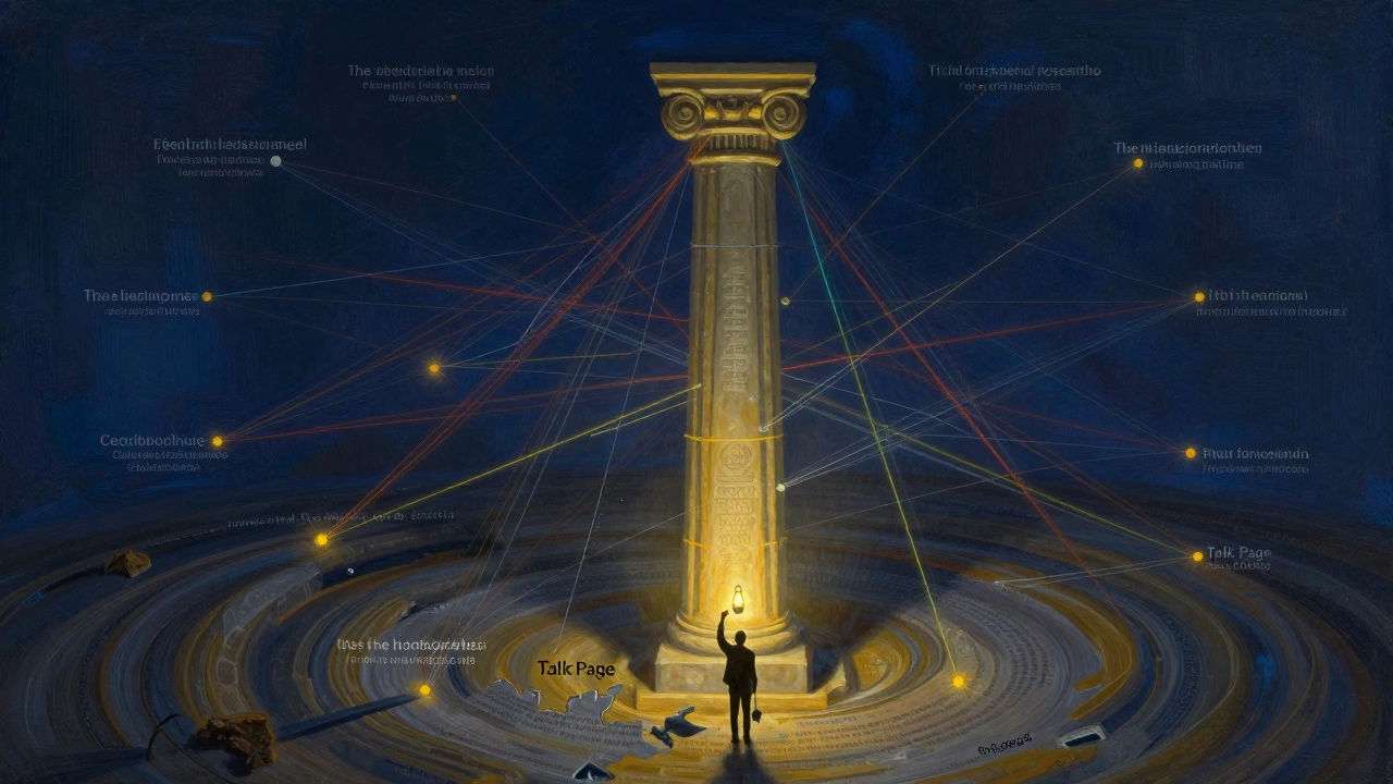 Metaphorical pillar of knowledge supported by threads of verified primary sources.