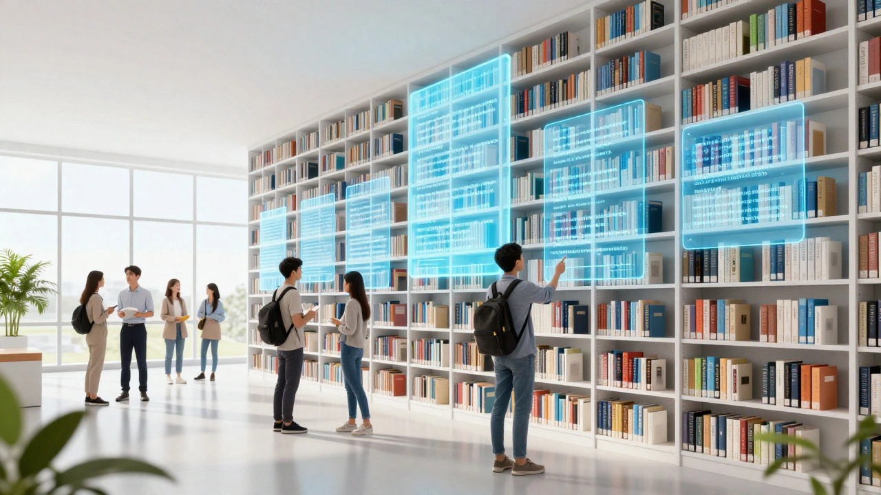Modern library blending physical books with holographic citations, showing diverse users exploring digital history.